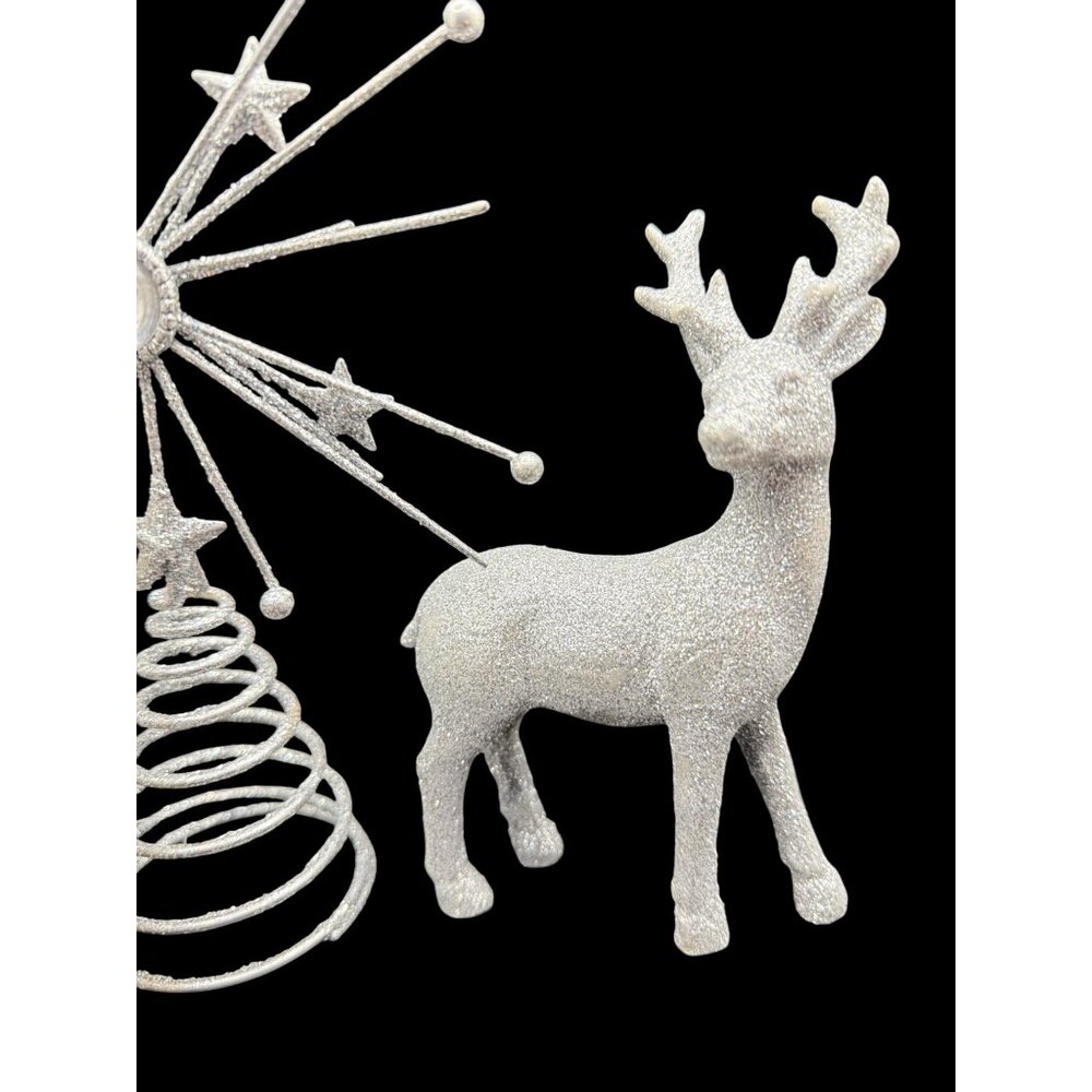 Vintage Glitter Silver Christmas Figurines Set w/ Santa, Reindeer, & Tree Topper - Picture 5 of 6